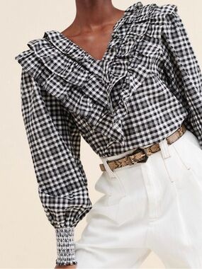 English Factory Black & White Gingham Ruffle Blouse